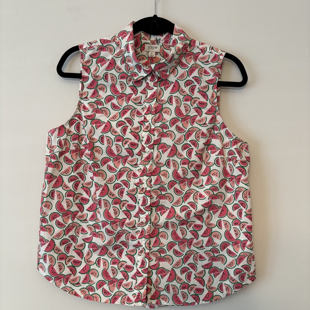 J Crew Cotton Watermelon Sleeveless Button Up Top Sz L Fruit Print Preppy Resort